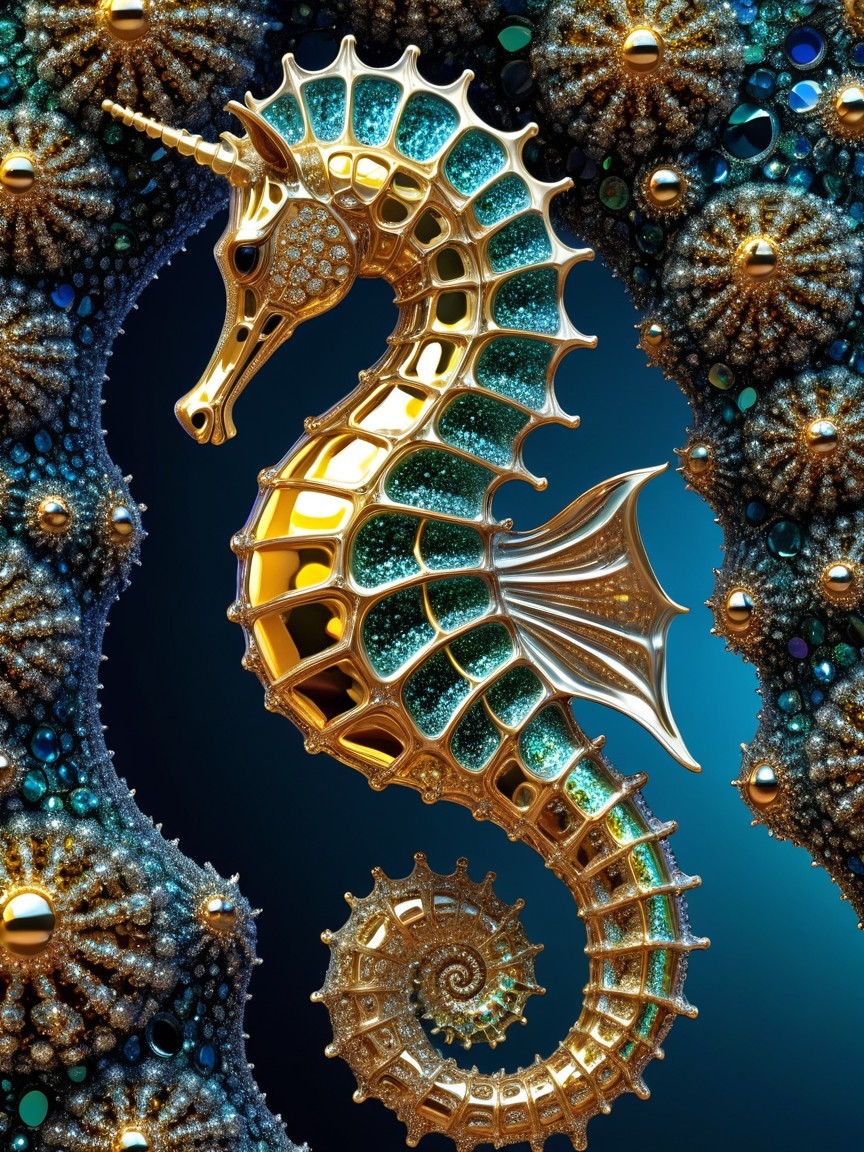 Majestic Seahorse with Gold Patterns in Blue Background