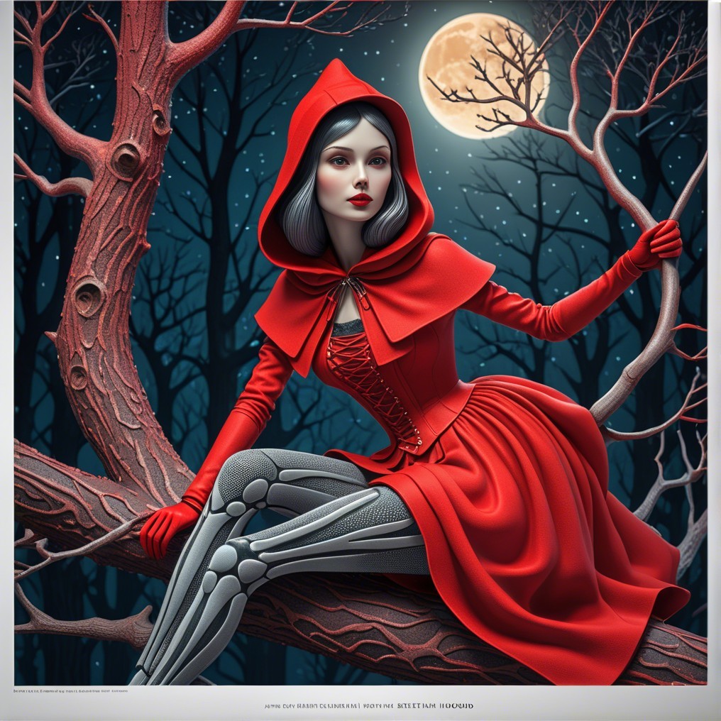 Vibrant Figure in Red Cloak on Gnarled Tree Branch