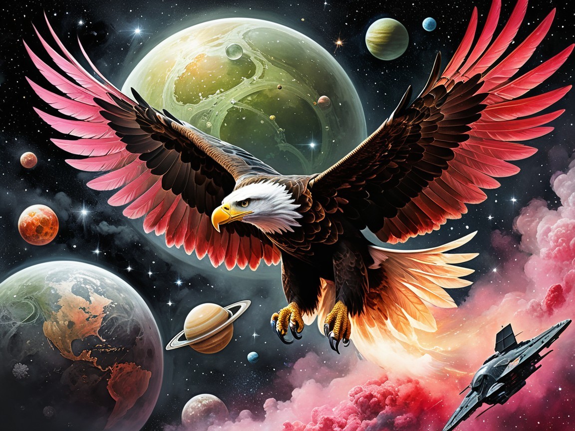 Eagle in Cosmic Landscape with Colorful Planets