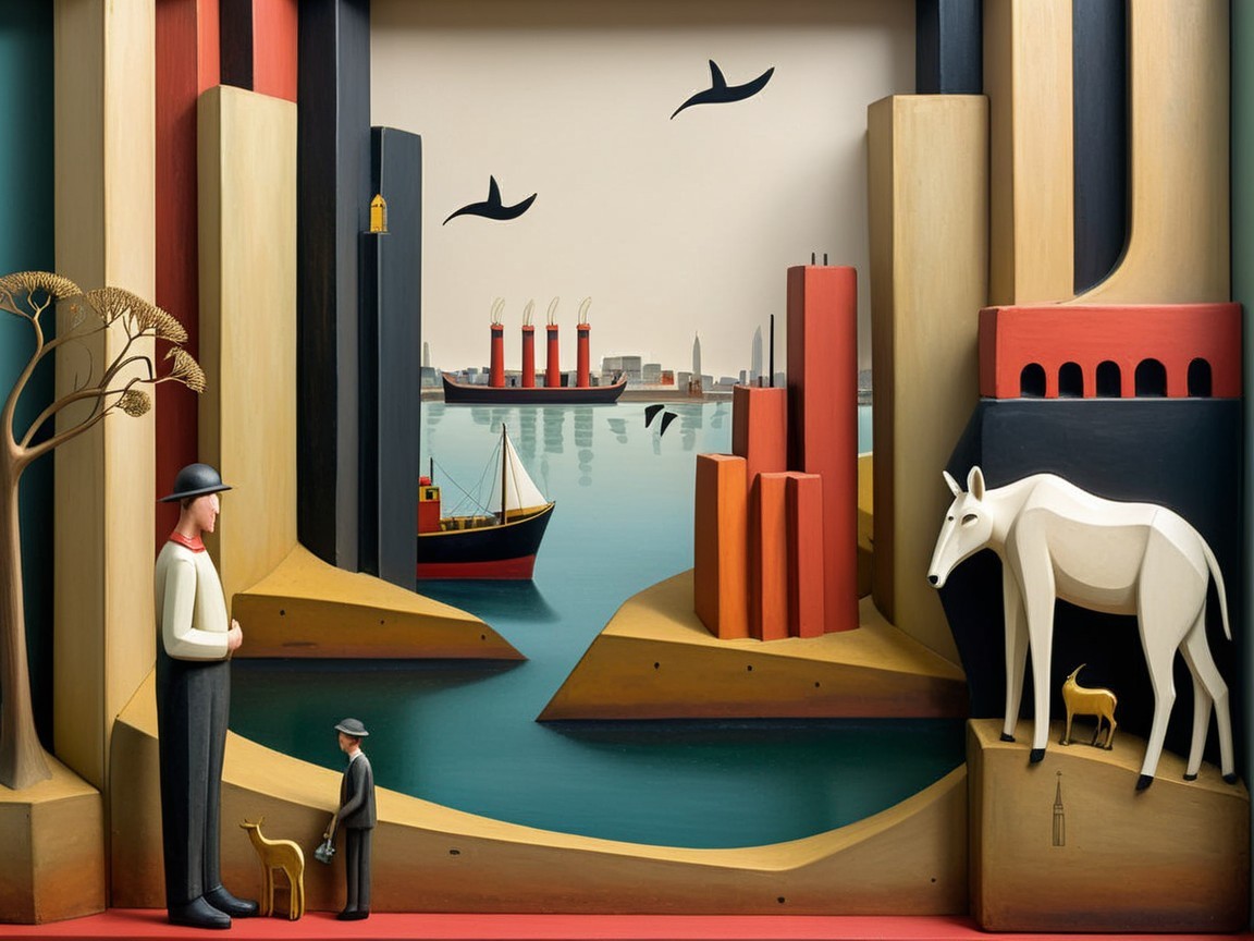 Coastal Diorama with Ship, Geometric Structures, and Figures