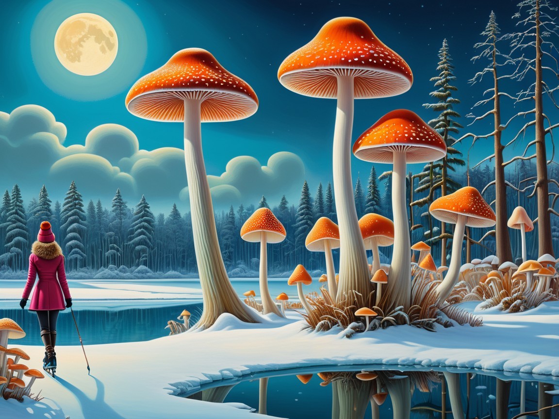 Winter Landscape with Glowing Moon and Orange Mushrooms