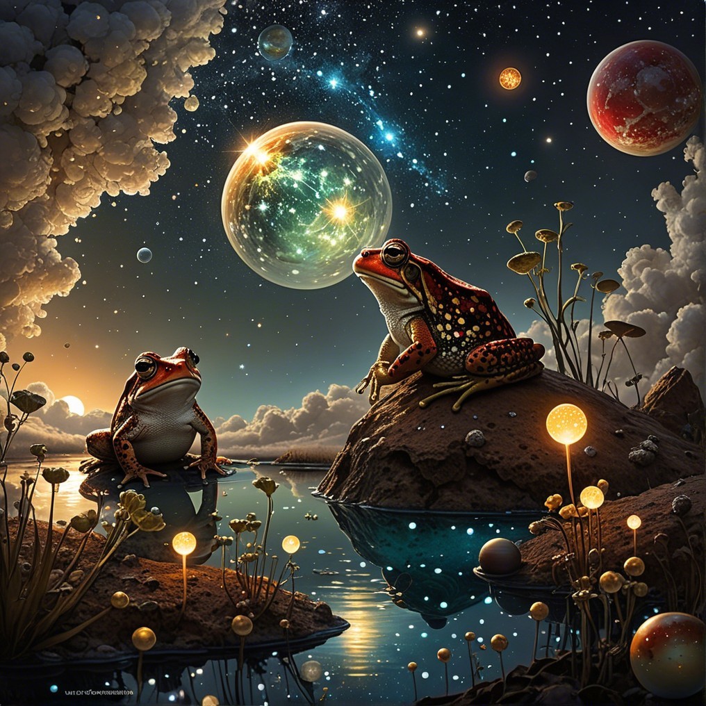 Colorful Frogs in a Cosmic Landscape at Night