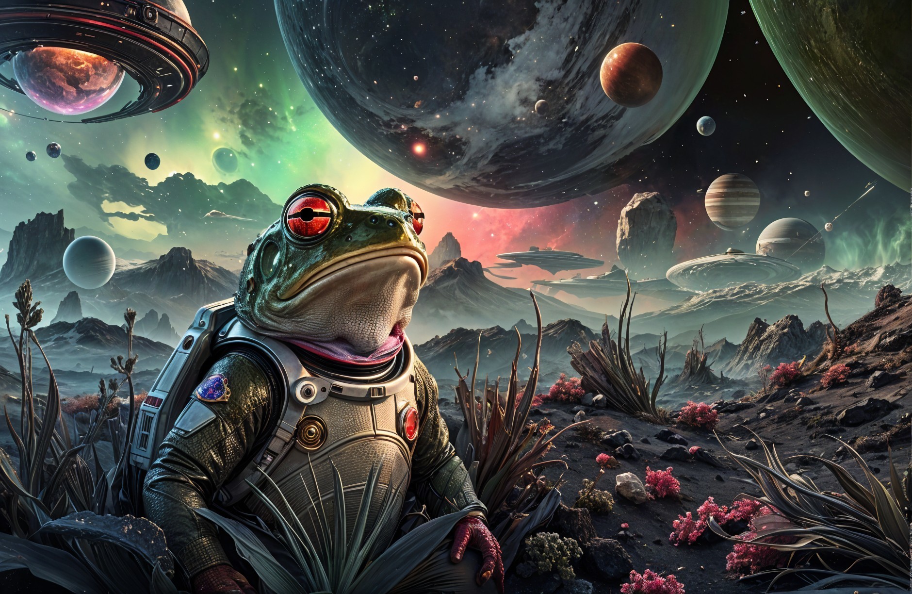 Whimsical Alien Landscape with Space-Faring Frog