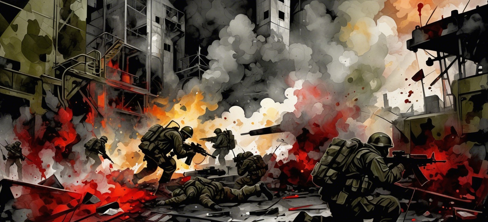 Chaotic Battlefield Scene with Soldiers and Explosions