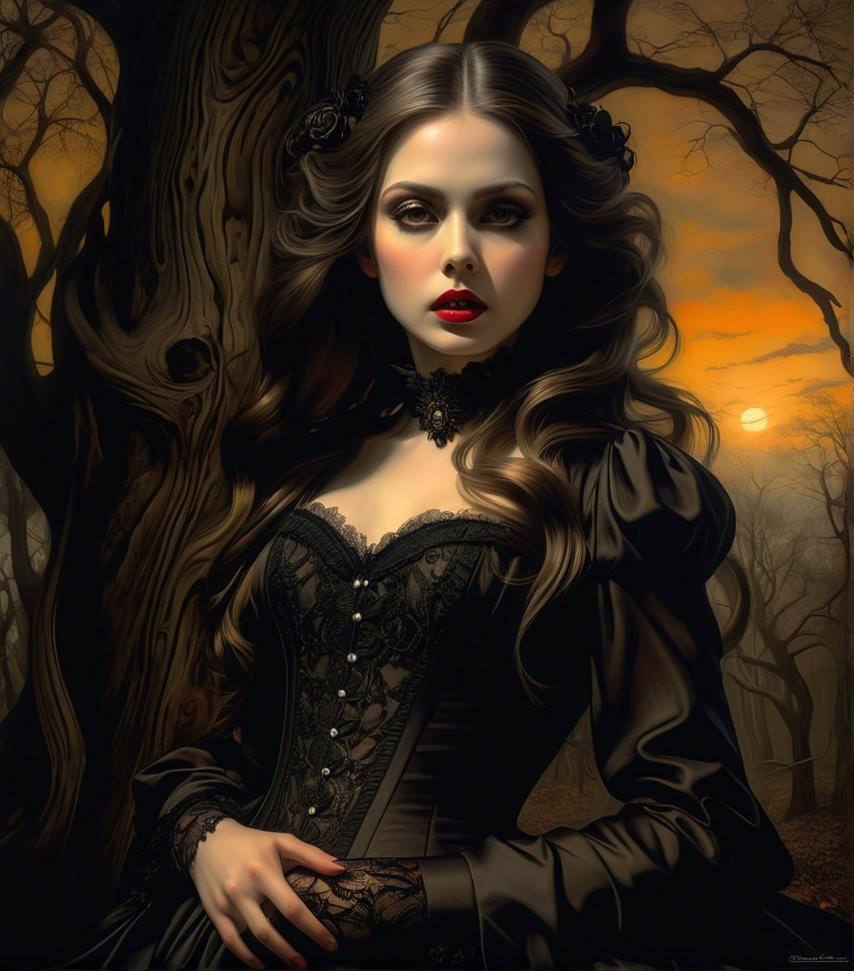 Victorian Figure in Gothic Sunset Landscape