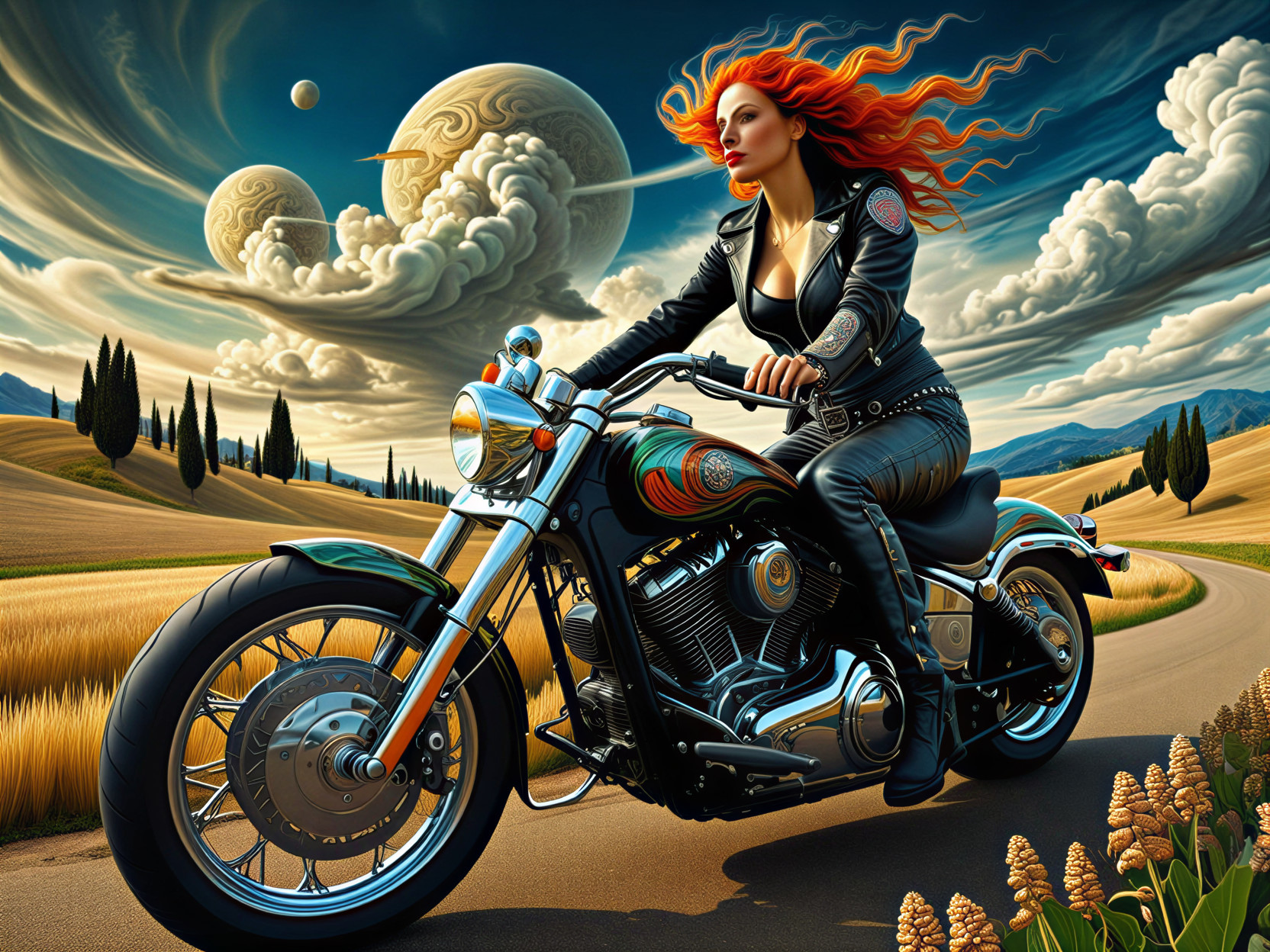 Fierce Woman on Motorcycle Against Surreal Landscape
