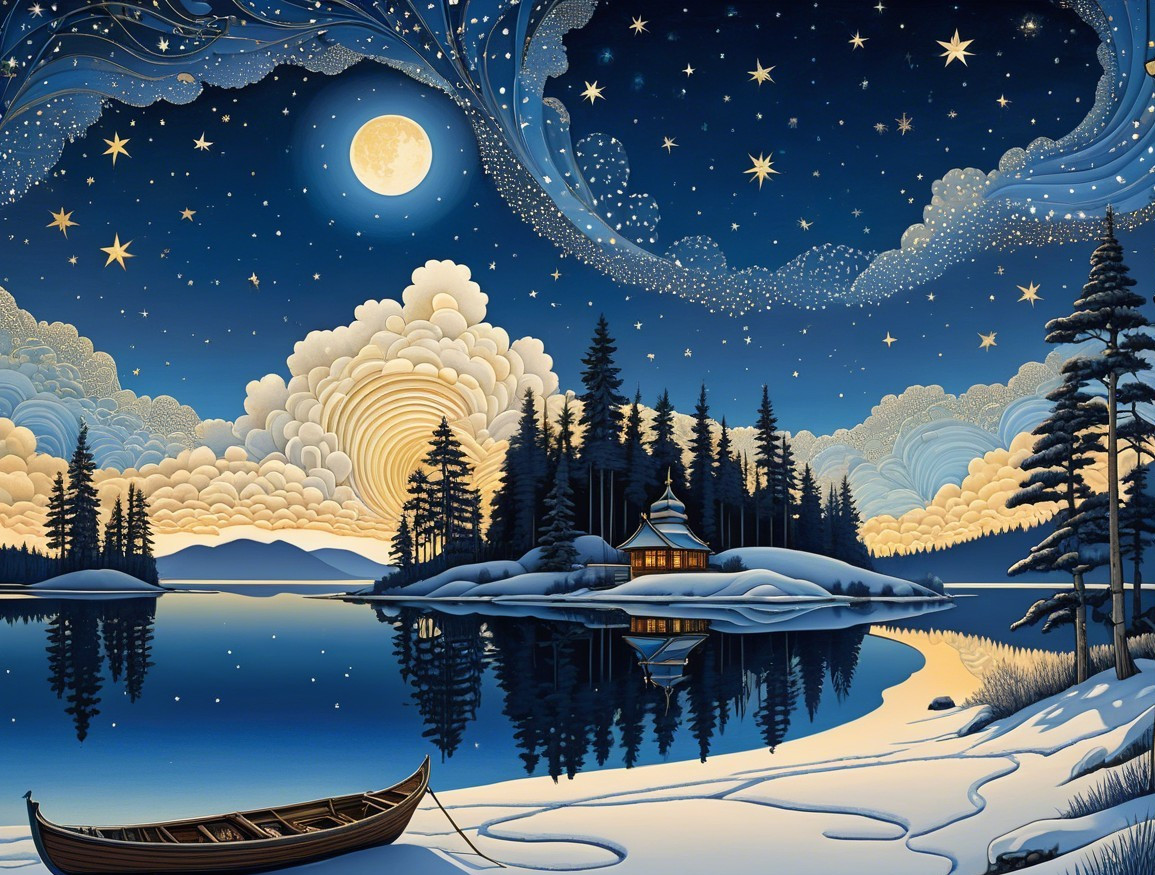 Tranquil Lake and Starry Sky Night Scene Description