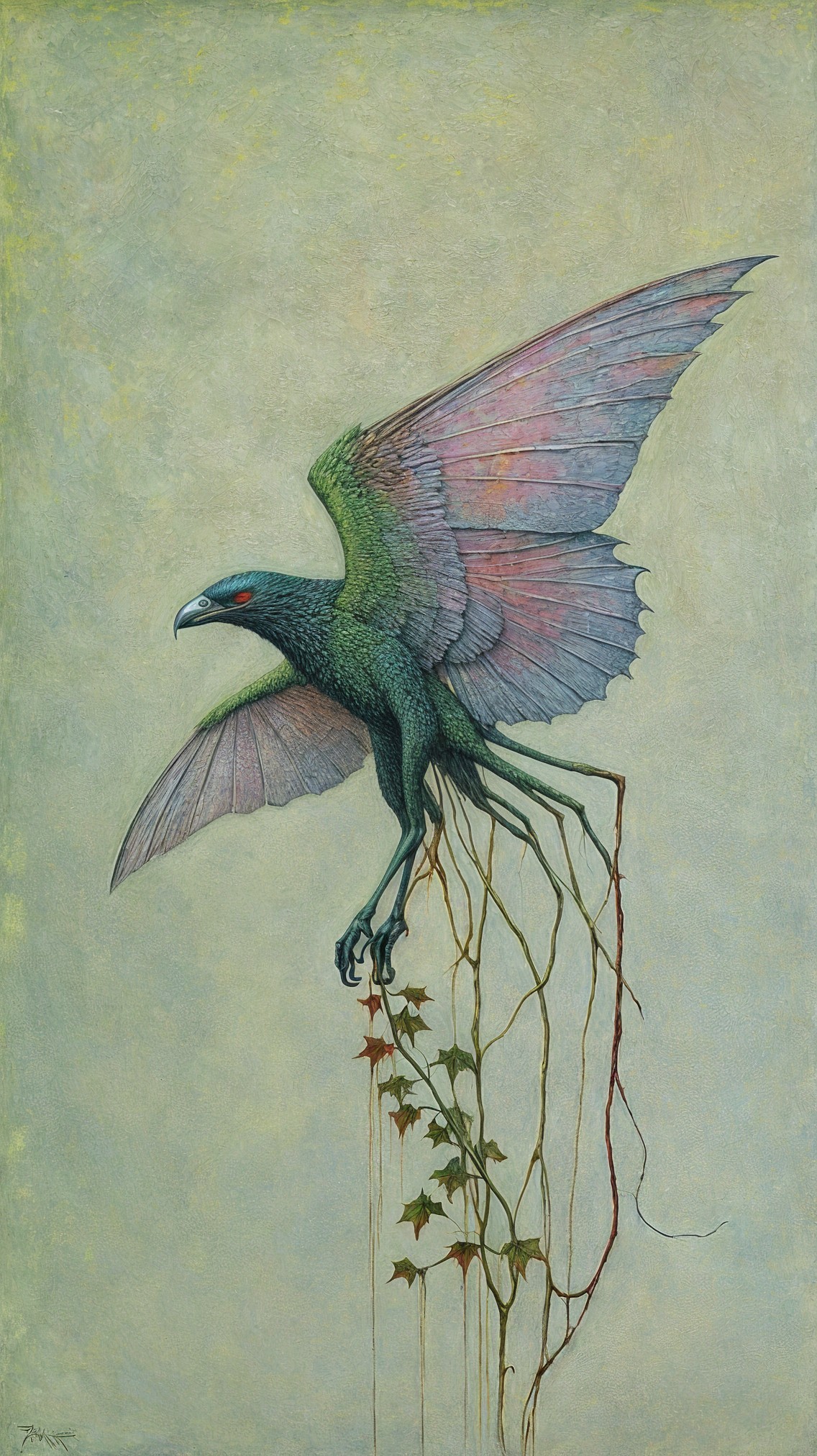 Fantastical Bird with Dark Green Feathers and Vines