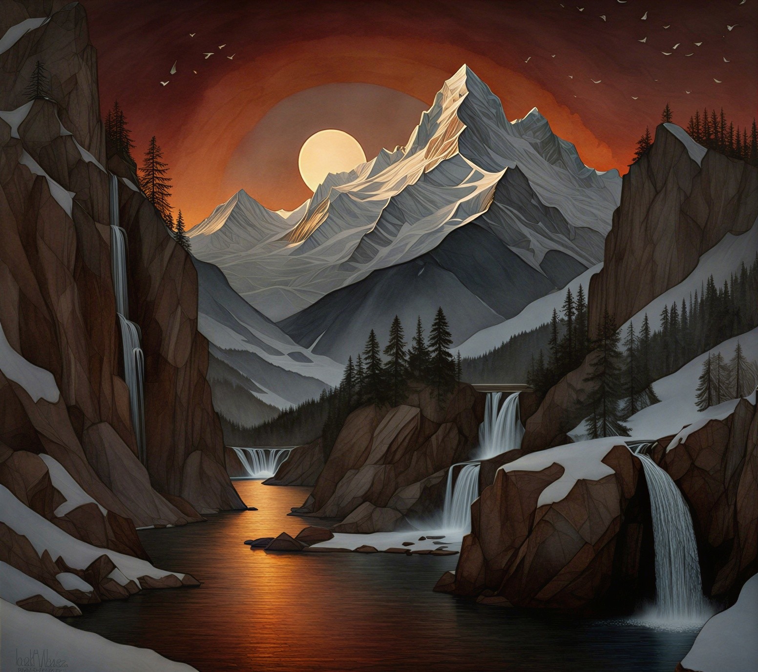 Mountainous Landscape at Sunset with Waterfalls