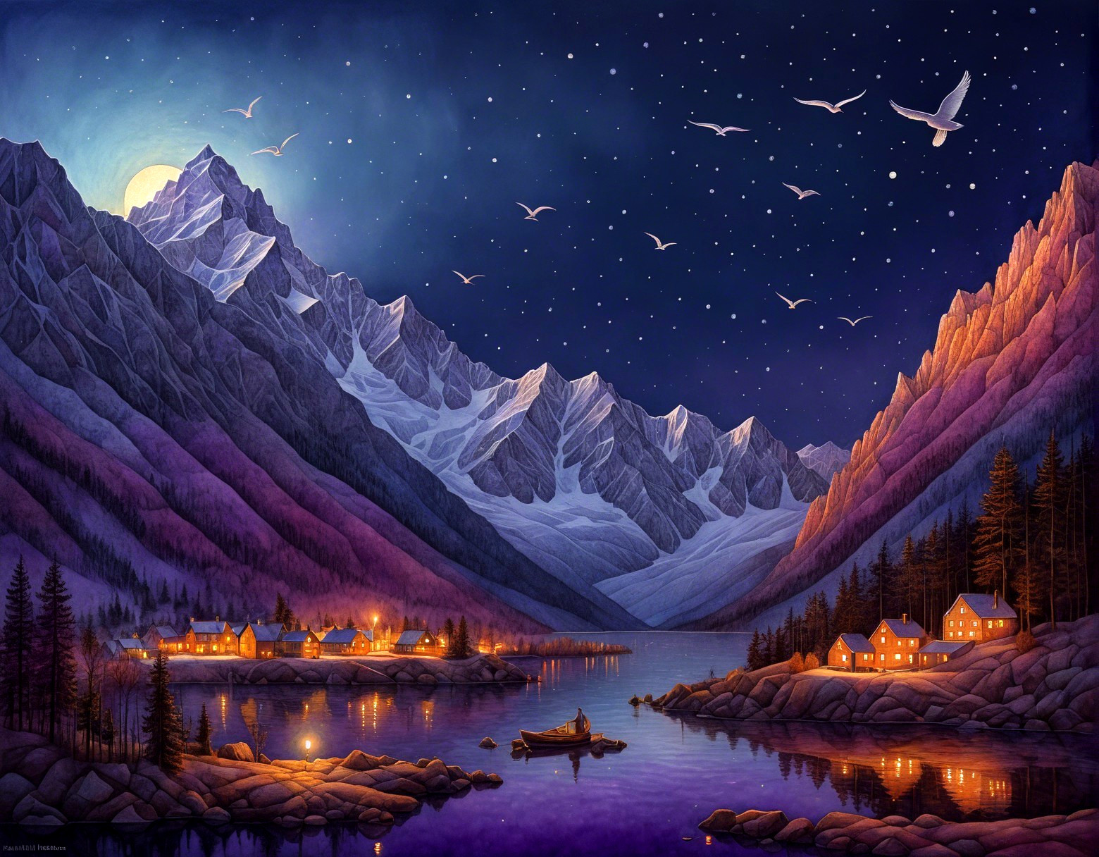 Night Mountain Valley with Villages and Reflective Lake