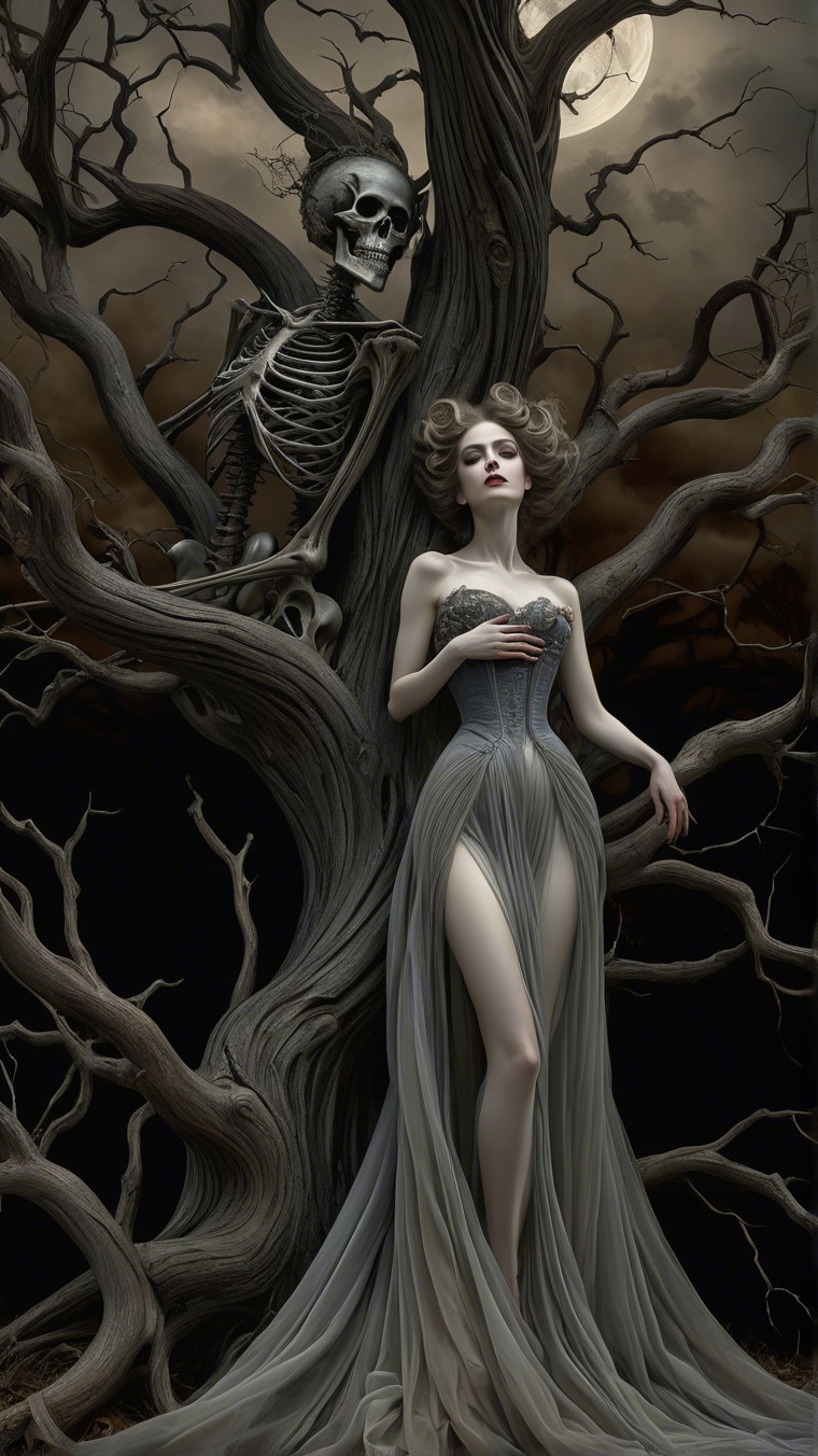 Ethereal Woman and Skeleton Under Moonlit Sky