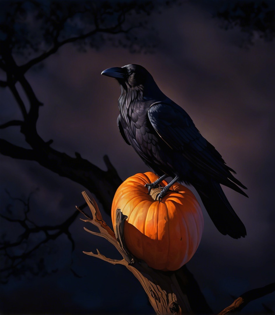 Black Raven on Orange Pumpkin in Dark Atmosphere