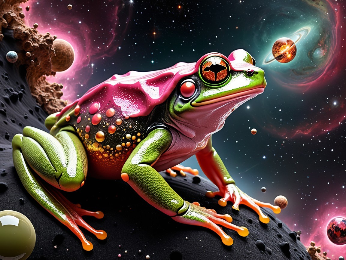 Vibrant Frog in Cosmic Galaxy Background