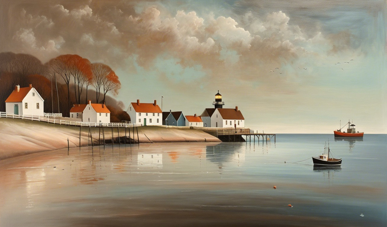 Coastal Village with White Houses and Red Roofs