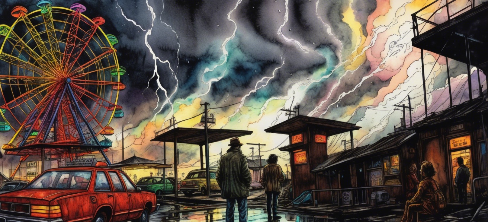 Vintage Ferris Wheel and Red Sedan in Stormy Scene