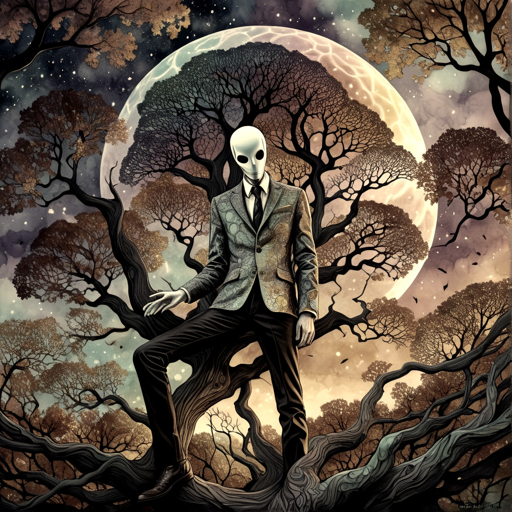 Tall figure on a branch with a white mask and suit