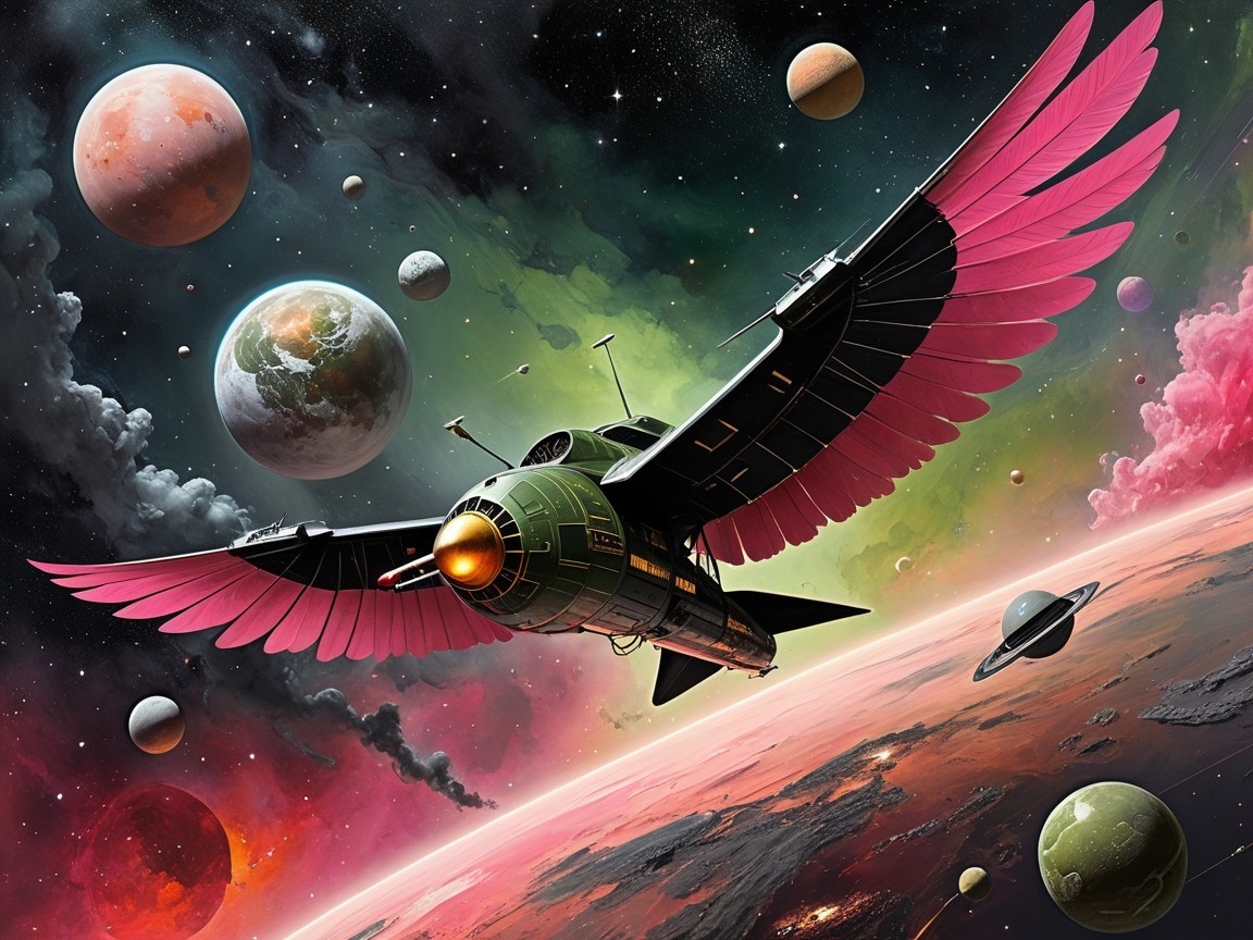 Surreal Cosmic Scene with Bird-Like Spacecraft
