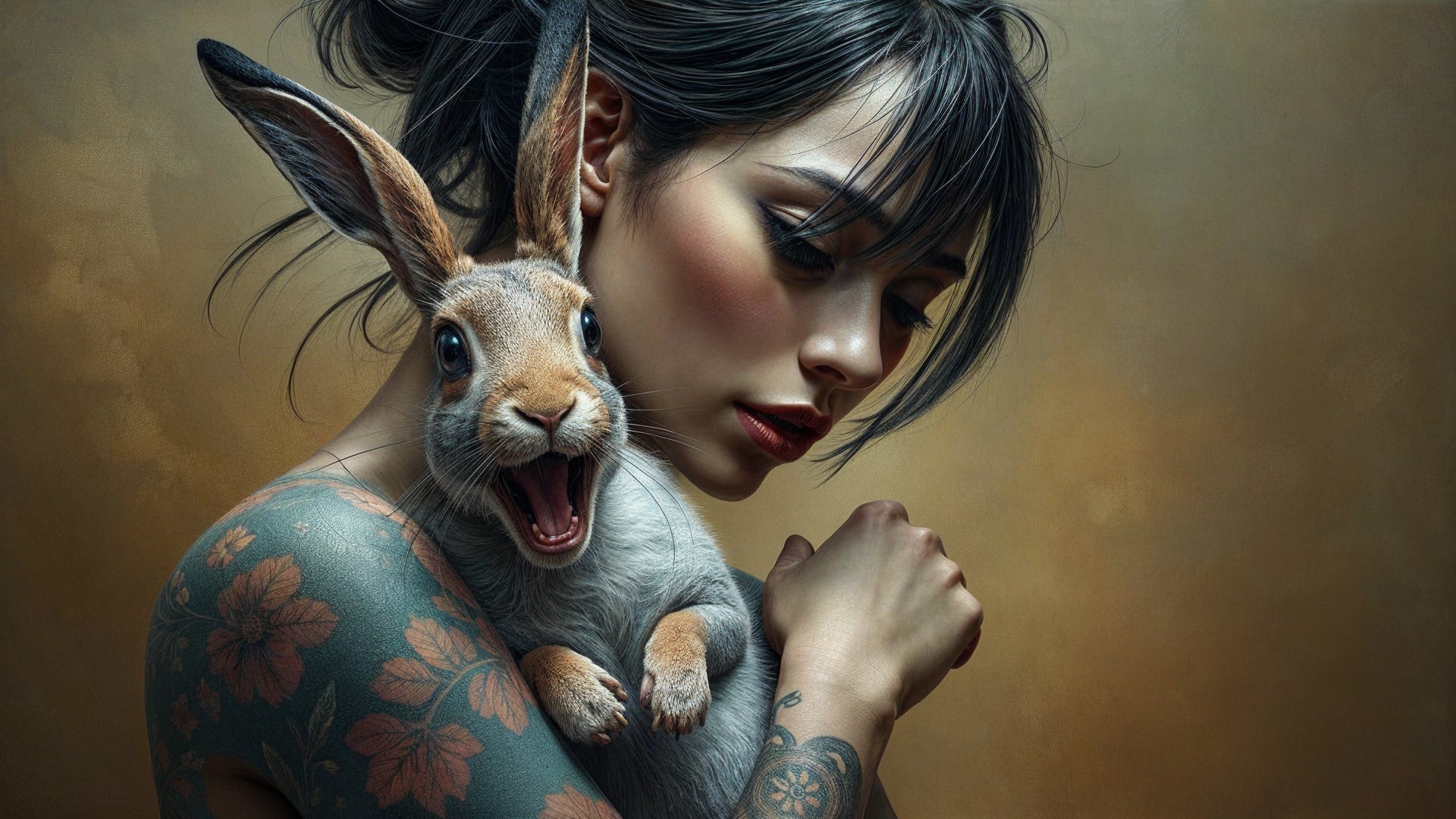 Portrait of a Young Woman with a Joyful Rabbit