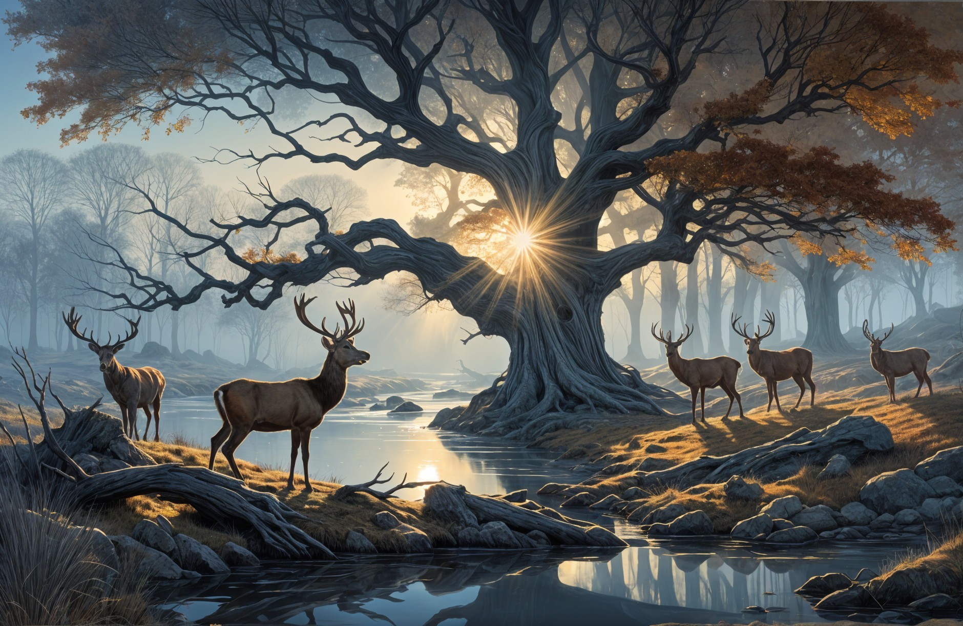 Serene Autumn Landscape with Majestic Tree and Deer