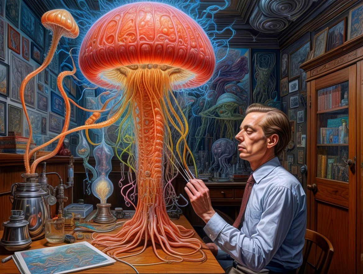 Surreal Scene of Man Examining Bioluminescent Jellyfish
