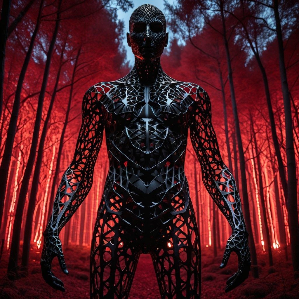 Surreal Forest with Black Humanoid Figure in Red Light
