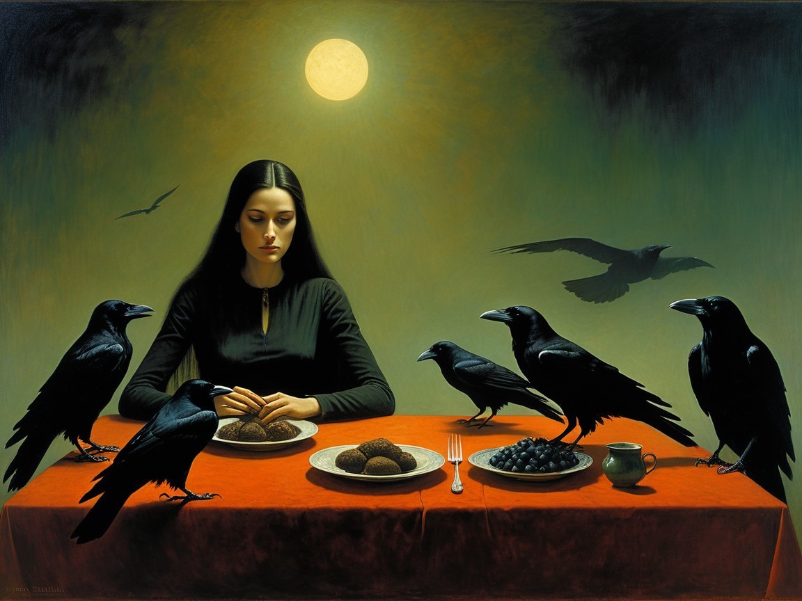Solemn Woman with Ravens in Dimly Lit Setting