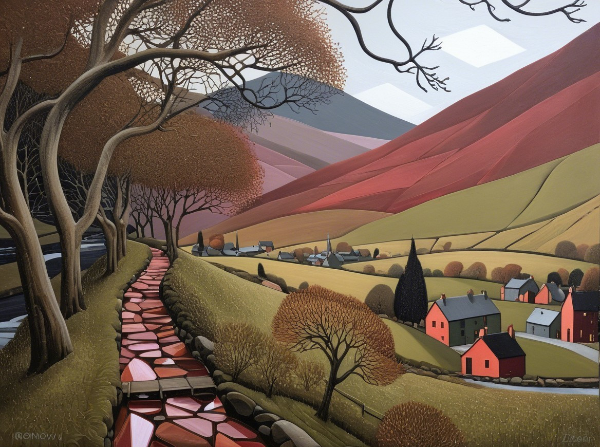 Serene Landscape with Winding Path and Village Scene