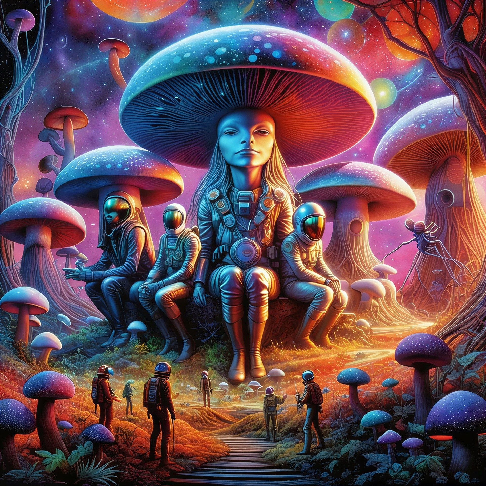 Otherworldly Landscape with Glowing Mushrooms and Astronauts