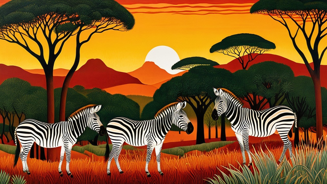 Zebras in Vibrant Savanna at Sunset