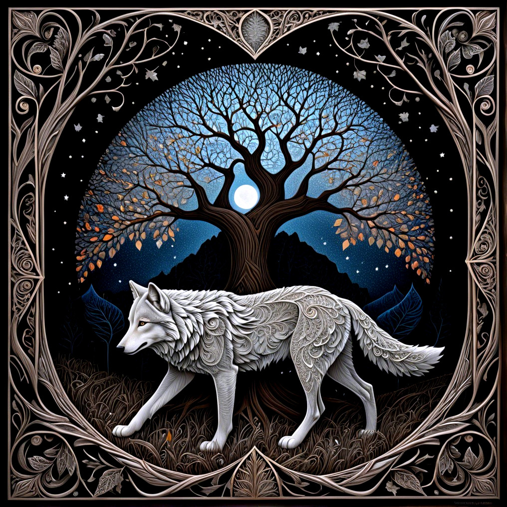 Symmetrical Image of a Stylized White Wolf and Tree