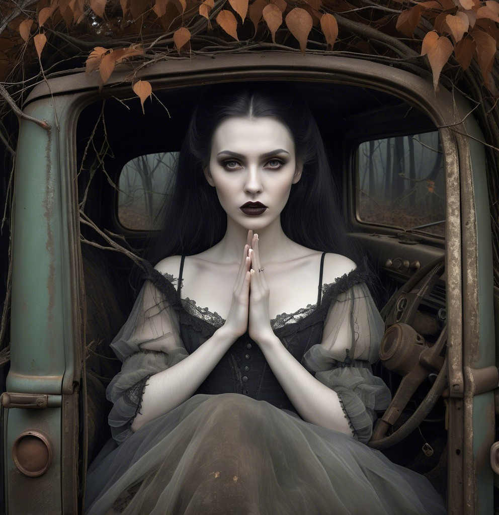 Eerie Gothic Scene with Woman in Vintage Car
