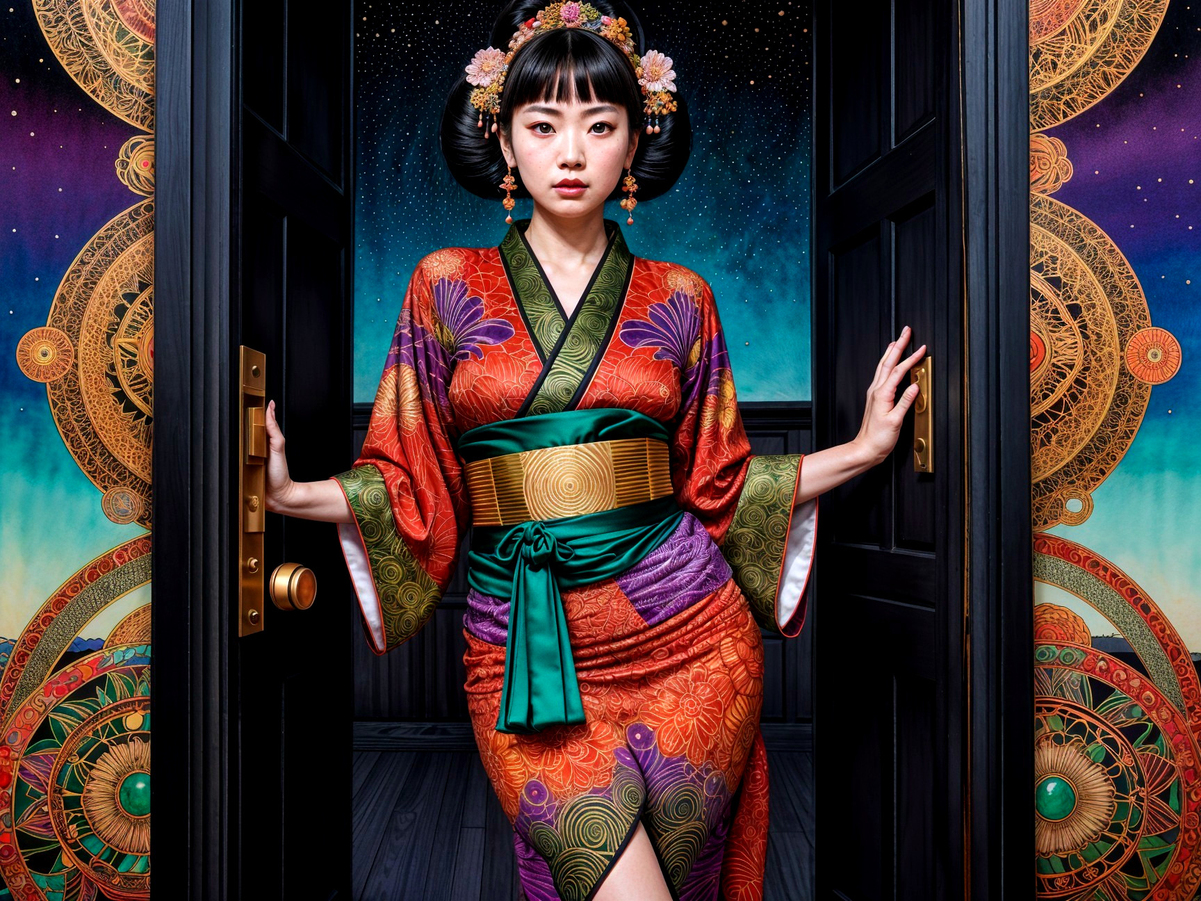 Portrait of a woman in vibrant kimono by ornate door