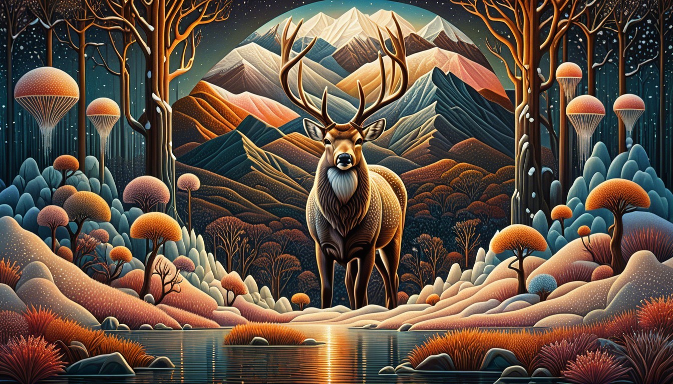 Majestic stag by shimmering lake in dreamlike landscape