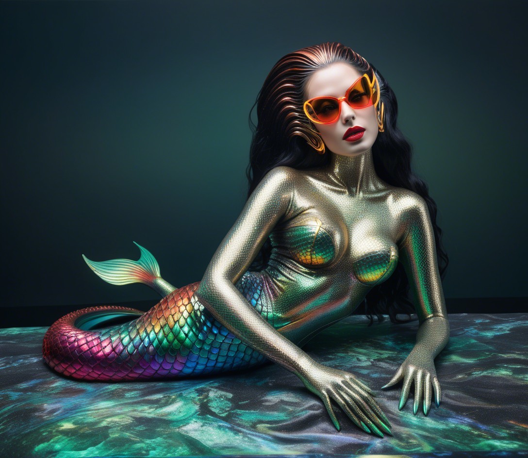 Futuristic mermaid with iridescent scales and sunglasses