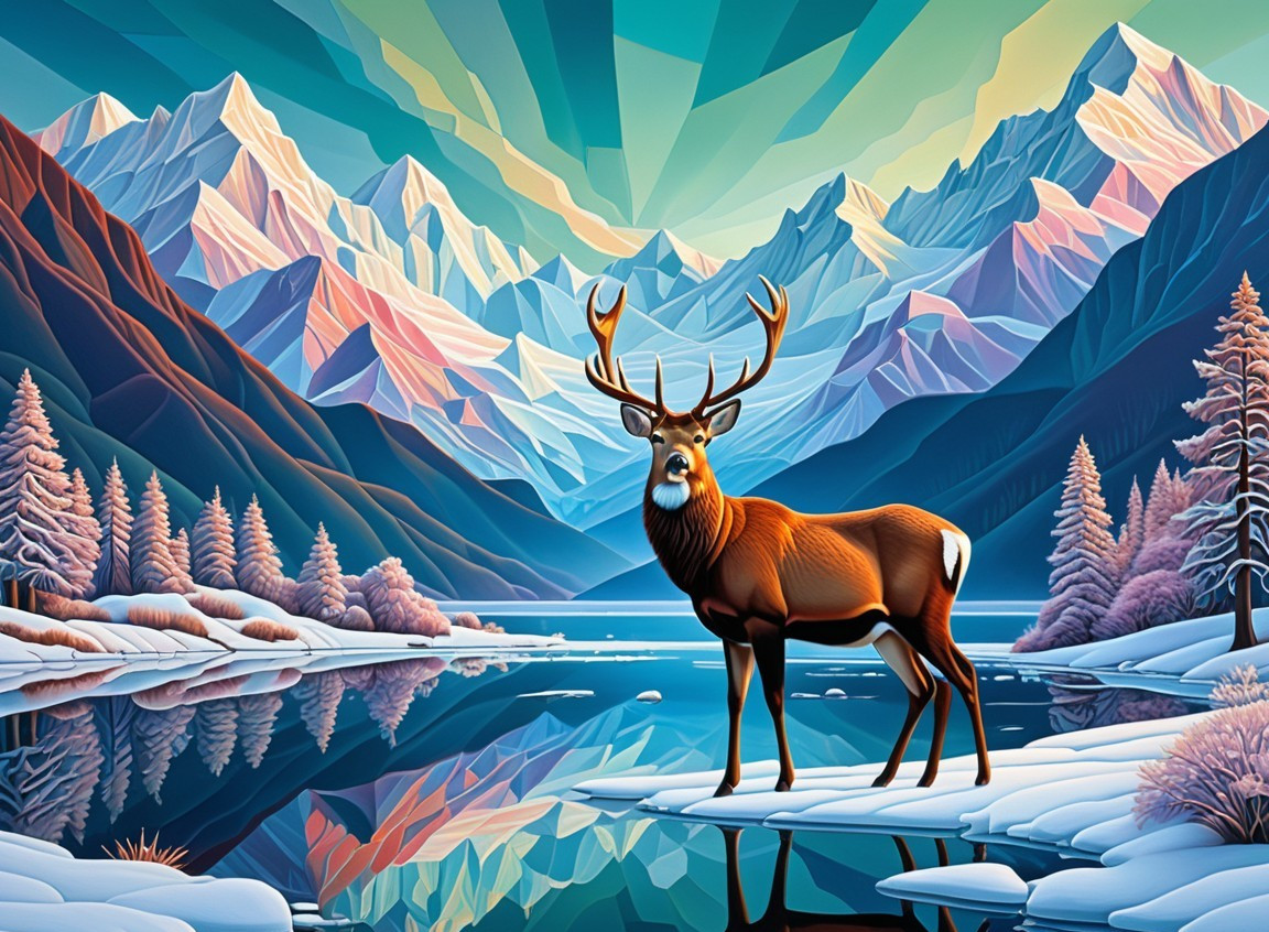Majestic Stag on Frozen Lake with Colorful Peaks