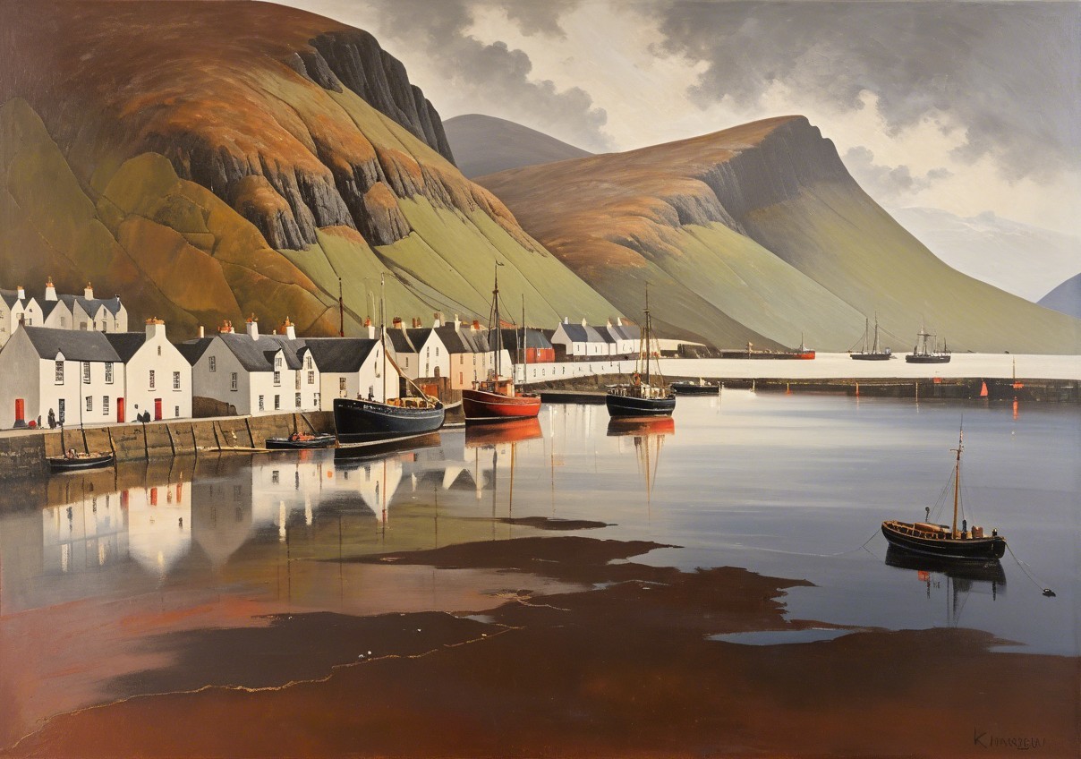 Quaint Harbor Scene with Mountains and Cottages