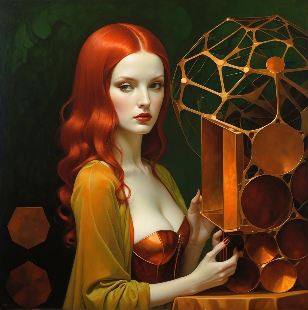 Portrait of a Woman with Red Hair and Metallic Sculpture