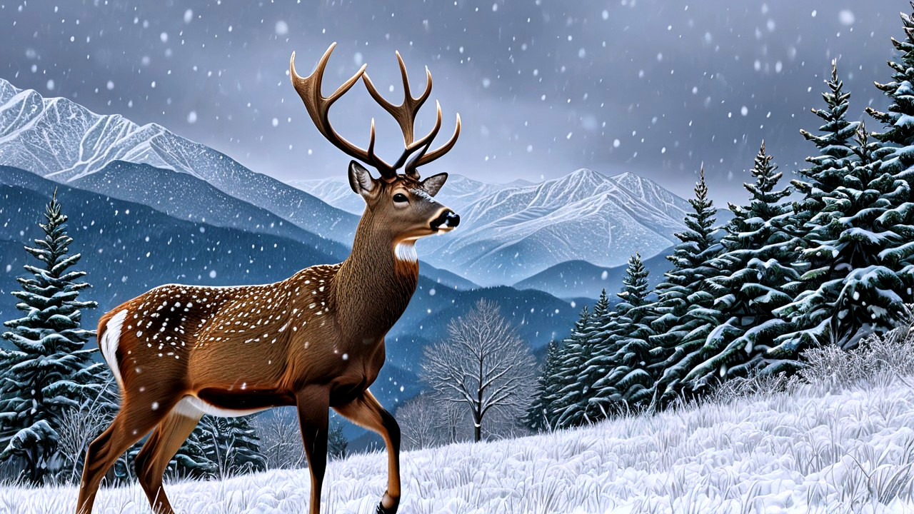 Deer in a Snowy Landscape with Evergreen Trees