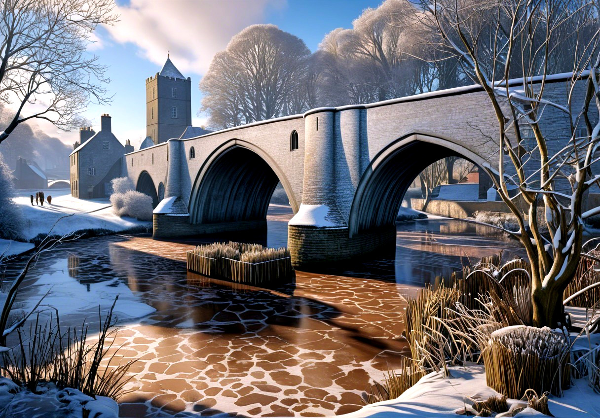 Serene Winter Landscape with Stone Bridge and Village