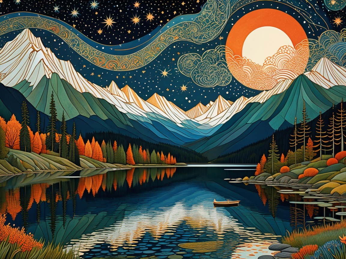 Serene Landscape with Snow-Capped Mountains and Lake