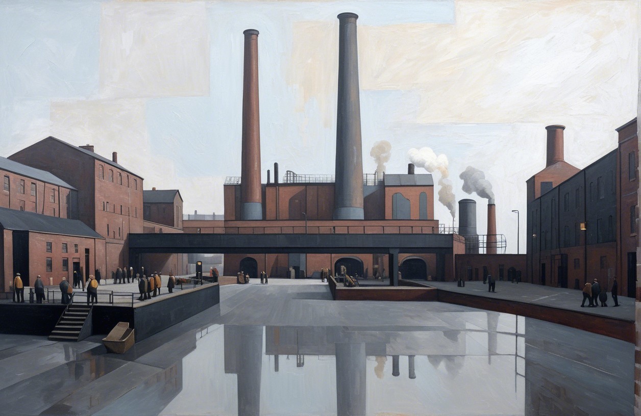 Mid-20th Century Industrial Scene with Smokestacks