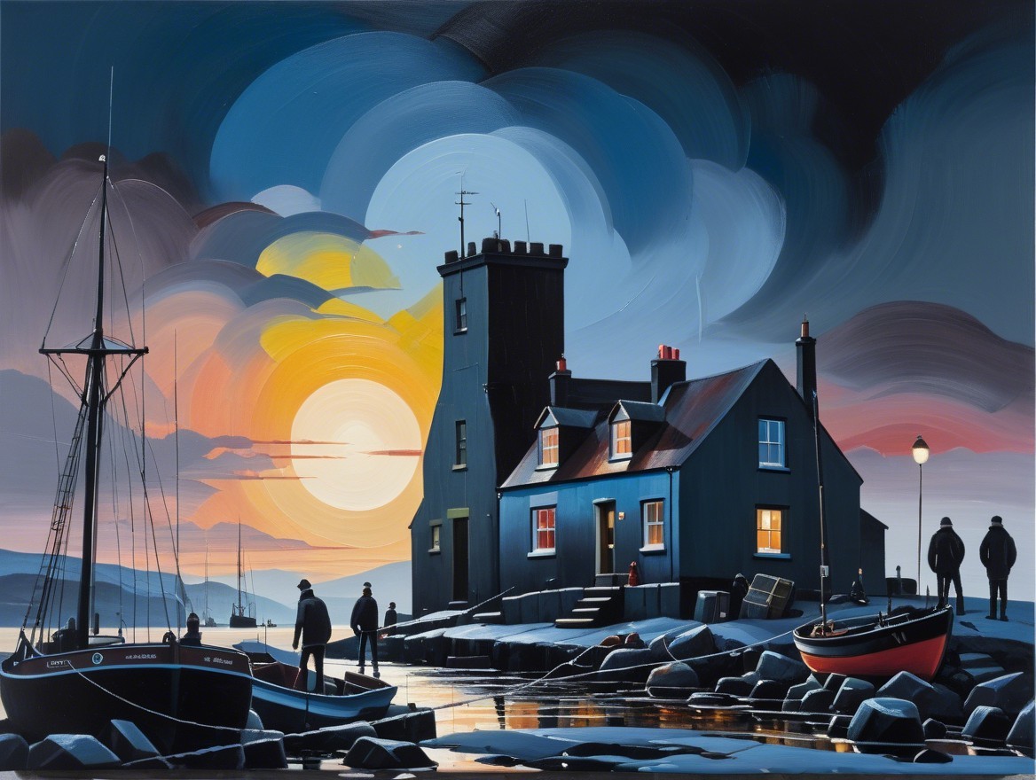 Coastal Lighthouse at Sunset with Fishermen and Boats