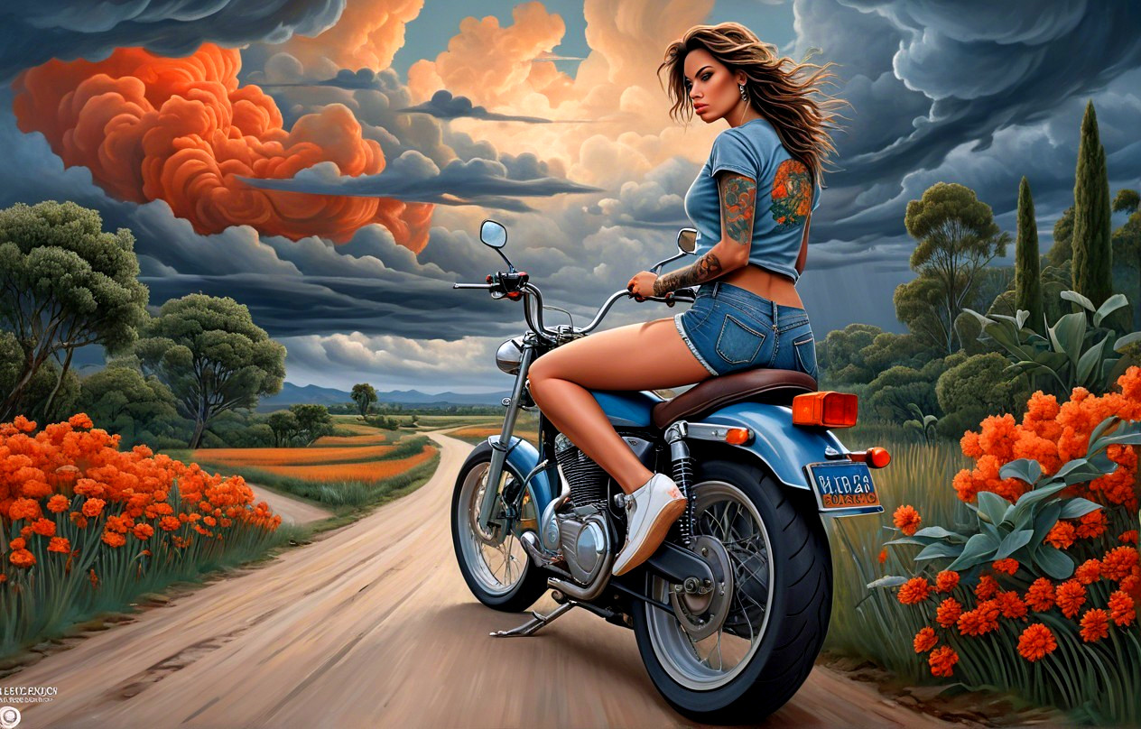 Confident Woman on Vintage Motorcycle in Scenic Landscape
