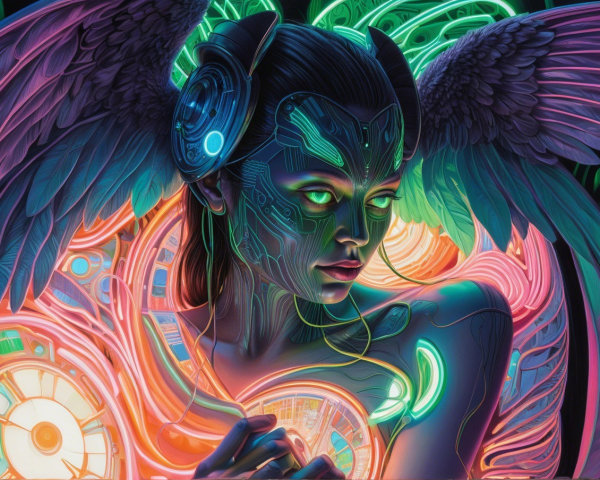 Futuristic figure with cybernetic features and wings