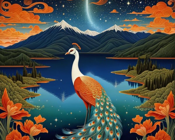 Vibrant Peacock by Serene Lake with Mountains and Flowers