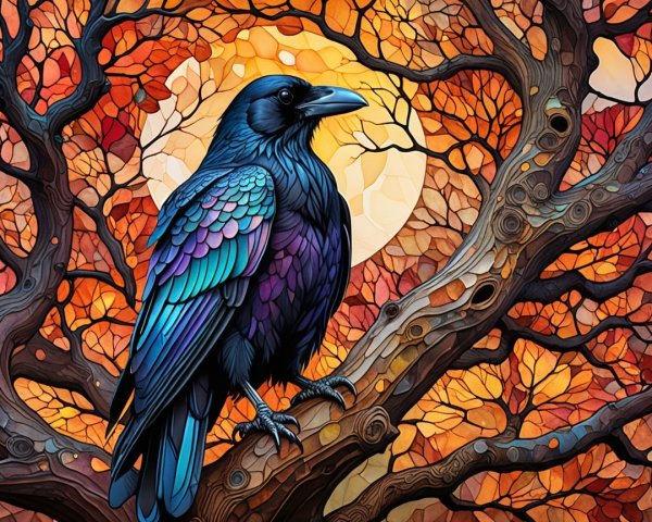 Raven on Twisted Branch Amidst Autumn Leaves