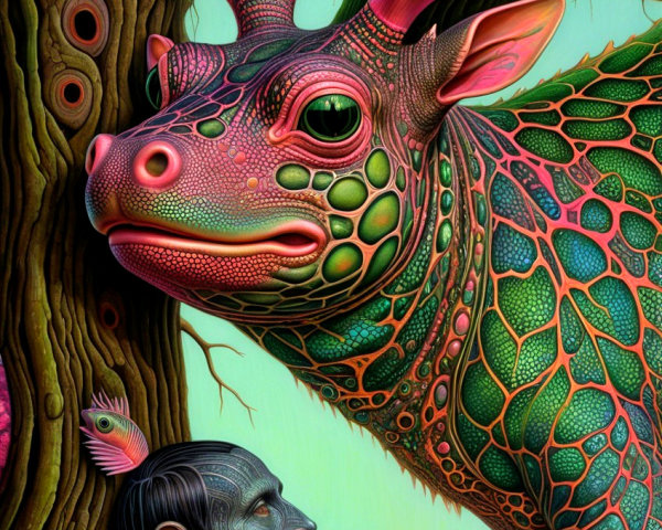 Surreal Scene of Colorful Deer and Mystical Figure