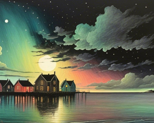 Colorful Stilt Houses Over Calm Waters at Sunset