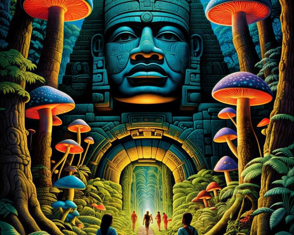 Surreal Illustration of Mesoamerican Stone Head and Mushrooms