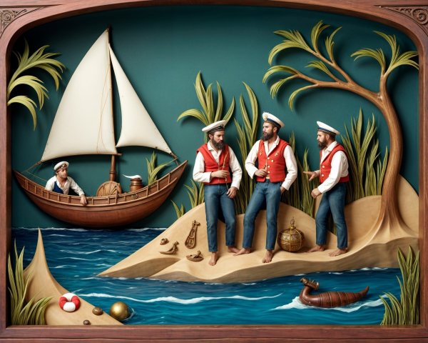 Vibrant Three-Dimensional Maritime Scene with Sailors